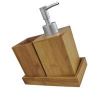 CHILDWEET Set Multifuncional de Accesorios Baño Bambú Dispensador de Jabón y Vaso para Enjuague, Base Resistente para Mantener Orden en Baño Beige