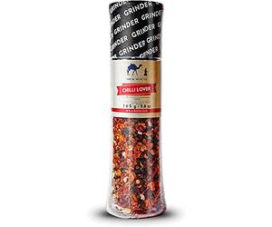 Chili - Molinillo de especias 165 g desde Seda Ruta Especias Company gigante - Molinillo de especias Contiene la más alta calidad Chili, Negro granos de pimienta, sal de mar rojo Bell Peppers y copos de nieve, color naranja
