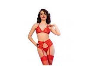 Chilirose - cr 4848 set sujetador + tanga + medias de encaje rojo s