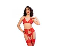 Chilirose - cr 4848 set sujetador + tanga + medias de encaje rojo s - M
