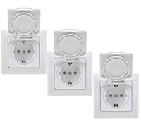 ChiliTec - Enchufe empotrable para baño y cocina, modelo Delphi, IP44 para interior y exterior, zonas húmedas, 3 piezas, 250 V~, con tapa abatible, color blanco
