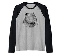 Chill Capybara Fumar Cigarrillo Dibujado a Mano línea Arte Divertido Camiseta Manga Raglan