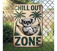 Chill Out Zone - Cartel de aluminio rústico para pared y letrero de metal con diseño de koala relajante en hamaca bajo palmeras, decoración vintage para interiores y exteriores, 26.7 x 17.8 cm, para