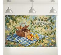 Chill & Relax - Fondo de pared para picnic, cesta rústica y frutas cítricas, fondo decorativo, suministros de fiesta de fotografía de verano para interiores y exteriores, 71 x 43 pulgadas