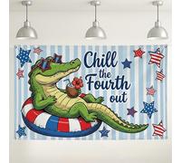 Chill the Fourth Out - Fondo de cocodrilo, divertidas decoraciones retro de fiesta de verano, fondo de fotos a rayas azules para interiores y exteriores, para celebraciones del Día de la Independencia