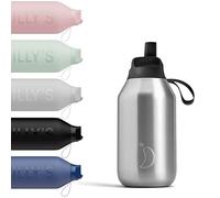 Chilly's Serie 2 Flip Botella con Tapa Deportiva, Acero Inoxidable Reciclado al 90%, Pajita telescópica y Anillo de Transporte de Nailon - Stainless Steel, 350ml