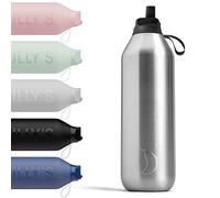 Chilly's Serie 2 Flip Botella con Tapa Deportiva, Acero Inoxidable Reciclado al 90%, Pajita telescópica y Anillo de Transporte de Nailon - Stainless Steel, 1000ml