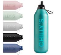 Chilly's Serie 2 Flip Botella con tapa deportiva, pajita telescópica y anillo de transporte de nailon - Tapa abre fácil, cepillo de limpieza para pajita incluido - 1000ml - Atlantis