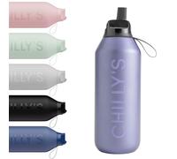 Chilly's Serie 2 Flip Botella con tapa deportiva, pajita telescópica y anillo de transporte de nailon - Tapa abre fácil, cepillo de limpieza para pajita incluido - 500ml - Lavender