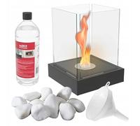 Chimenea de Bioetanol KRATKI Tango4 + Guijarros + Embudo+ 1 l Biocombustible Independiente Biocontenedor de 0,2 l Acero con recubrimiento en polvo certificado por TÜV y 4 paneles de vidrio 52,3 x 40 cm Negro