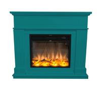 Chimenea de suelo y pared para uso de oficina. compuesto por un marco turquesa y un quemador eléctrico negro de 1500w con efecto de llama real led. chimenea de diseño con mando a distancia. hecho de m