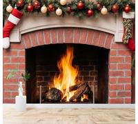 Chimenea Leña Ardiendo Pared De Ladrillo Rojo Calcetines Rojos Adornos Navideños Ramas Pino Papel Pintado 3D Seda Texturizada Primera Calidad Neutros Material Ideal Para SalóN Dormitorio-300cm×210cm
