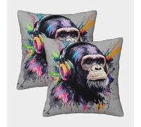 Chimpancés con Auriculares: Estilo Pop Art Vibrante Fundas Cojines para Sofá 2 Piezas Funda De Almohada Modernos Decorativo Throw Cojín para Sala Hogar 50x50cm