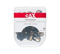 Chinchetas de dibujo Sax en negro - 10mm de diámetro de cabeza, metal con revestimiento de plástico, in aja de almacenaje