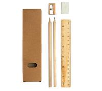 Chinchilla®Juego de escritorio de madera sostenible: goma de borrar, sacapuntas, regla y lápices en embalaje de cartón reciclado | Accesorios escolares ideales