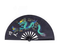 Chinese Fan Tai Chi Kung Fu - Ventilador plegable de bambú con 1 diseño de dragón (negro)