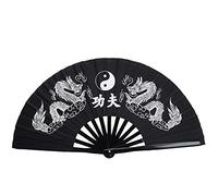 Chinese Fan Tai Chi Kung Fu - Ventilador plegable de bambú con diseño de dragón y fénix (negro)
