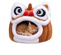 Chinese Lion Dance Cats Nest, Cute Lion Face Hideout for Cats, All-Around Windproof Soft Cushion, Removable Washable Cover, Non-Slip Indoor Small Animal Retreat
