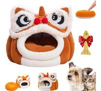 Chinese Lion Dance Lion Cats Bed, Cute Lion Head Pet Beds For Cats, Lion Head Pet Beds, Soft Cozy Plush Cat House & Dog Cave with Cushion, Non-Slip Bottom (Coffee,M)