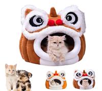 Chinese Lion Dance Lion Cats Bed, Lions Head Pet Bed, Cute Lions Head Shape Cat House, Washable Covered CatBed for Indoor Use, for Small and Medium Pets (Brown,Medium)