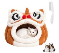 Chinese Lion Head Shaped Pet Bed for Cats,Semi Enclosed Cat House Puppy Cave,Oriental Style Warm Cute Cozy Dog Nest Winter Indoor (Coffee, Medium)