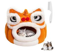 Chinese Lion Head Shaped Pet Bed for Cats,Semi Enclosed Cat House Puppy Cave,Oriental Style Warm Cute Cozy Dog Nest Winter Indoor (Brown, Large)
