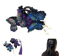 Chinese Style Embroidered Butterfly Hair Claw Clip,Tassel Hair Barrettes,Hair Styling Accessories for Women & Girls (Blue)