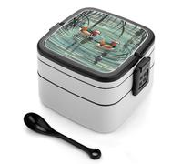 Chinese Style Mandarin Ducks Bento Box, 2 Compartments Meal-Prep Containers, Stackable Lunch Box with Lids, Reusable Divided Food Storage Containers for Travel, And Work