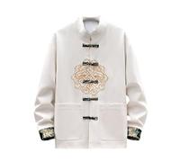 Chinese Traditional Clothing - Camisa de manga larga bordada para hombre, cuello alto, color beige, talla XL