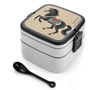 Chinese Traditional Painting Horse Bento Box, 2 Compartments Meal-Prep Containers, Stackable Lunch Box with Lids, Reusable Divided Food Storage Containers for Travel, And Work