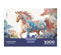 Chinese Zodiac Horse Flat Illustration Style 1000 Pcs Stabiler Karton Puzzle Floral Cloud Horse Stressabbau Kreatives Spiel Puzzles Als Wohnaccessoires 70x50cm/1000pcs