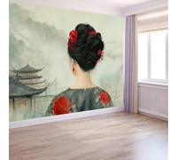 Chino Mujeres Papel Pintado Fotográfico, Acuarela Flores Arquitectura No Tejido Murales 400 X 280 Cm Papel Pintado Con Impresión Hd Gris Claro Para Sala Cuarto Oficina - Moderna Decoración De Pared