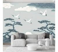 Chino tradicional papel pintado panorámico 3D 200L x 140H cm, vintage animal pájaro pino nubes papel pintado no tejido - blanco roto mural foto moderno para sala de estar, dormitorio infantil fondo TV