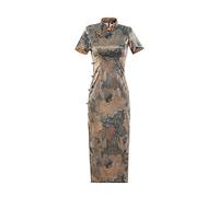 Chino Tradicional Qipao para Mujer - Temperamento Estilo Chino Tradicional Satén Cheongsam Primavera Verano Retro Elegante Estampado Floral Qipao Vestido Ropa Gris 3XL