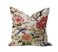 Chinoiserie - Fundas de almohada de lino y arpillera de 20 x 20 pulgadas, diseño floral de peonía, hojas de eucalipto verde, corona de hojas de eucalipto, funda de cojín cuadrada para sofá, cama,