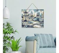 Chinoiserie - Letrero de madera de porcelana blanca y azul de la pagoda asiática, decoración de pared, letrero de madera para colgar en el dormitorio, baño, 10 x 12 pulgadas