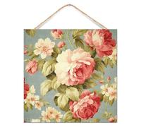 Chinoiserie - Letrero de pared de madera de peonía con rosas de repollo rosa, placa de madera colorida floral de 12 x 12 pulgadas, corona de hojas de eucalipto verde, decoración del hogar, letreros de