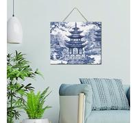 Chinoiserie - Letrero decorativo de mesa de porcelana blanca y azul con diseño de pagoda asiática, letrero de madera rústica para el hogar, decoración del hogar, decoración del hogar para dormitorio