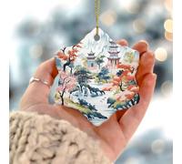 Chinoiserie - Pagodas asiáticas de coral blanco, azul, adorno para árbol de Navidad, pájaros escénicos, pagodas, adornos colgantes, chinoiserie toile oriental, floral, coleccionable, decoración de