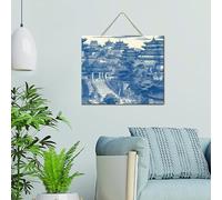 Chinoiserie - Placa de madera personalizada de porcelana blanca y azul de la pagoda asiática, 10 x 12 pulgadas, diseño floral oriental, retro, arte de pared, placa de madera con refranes, decoración