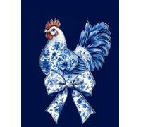 Chinoiserie Rooster with Bow Novelty Notebook - Blue Floral Design: 8.5" X 11" 140 Pages Wide Ruled Paperback; Navy Background