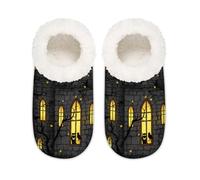 Chintiz Pantuflas para mujer, suaves, acogedoras, cálidas, para mujeres y hombres, castillo de Halloween, peludas, antideslizantes, con parte trasera cerrada, zapatos de casa para invierno, dormitorio