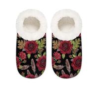 Chintiz Pantuflas para mujer, suaves, acogedoras, cálidas, para mujeres y hombres, con plumas de rosa góticas, de felpa, antideslizantes, con parte trasera cerrada, zapatos de casa para invierno