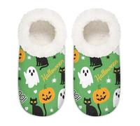 Chintiz Pantuflas para mujer, suaves, acogedoras, cálidas, para mujeres y hombres, fantasmas de Halloween, gato negro, felpa mullida, antideslizantes, parte trasera cerrada, zapatos de casa para