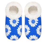 Chintiz Pantuflas suaves y acogedoras para mujer y hombre, diseño de margaritas de lunares azules, antideslizantes, parte trasera cerrada, zapatos de casa para invierno, dormitorio, interior y