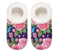 Chintiz Pantuflas suaves y acogedoras para mujer y hombre, diseño floral de colibrí mullido, antideslizantes, parte trasera cerrada, zapatos de casa para invierno, dormitorio, interior y exterior