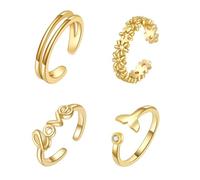 Chiorgone Juego de 4 anillos ajustables para el dedo del pie de oro para mujer - 4 piezas lindas joyas de verano para pies de playa - flor, amor, cola de ballena, diseños de doble banda, anillo de