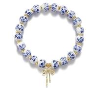 Chiorgone Pulsera de cuentas de cerámica floral azul y blanca, joyería elástica con dije de lazo plateado, estilo chino vintage para mujer, One Size, Cerámica, Sin piedra preciosa