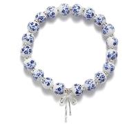 Chiorgone Pulsera de cuentas de cerámica floral azul y blanca, joyería elástica con dije de lazo plateado, estilo chino vintage para mujer, One Size, Cerámica, Sin piedra preciosa