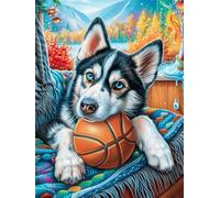 Chiot Husky Avec un Ballon de Basket Puzzle 300 Piezas Papel Adolescentes Mitos fantásticos Cuento De Hadas Actividad Días Libres Actividad Mente Colección Rompecabezas Regalo Creati